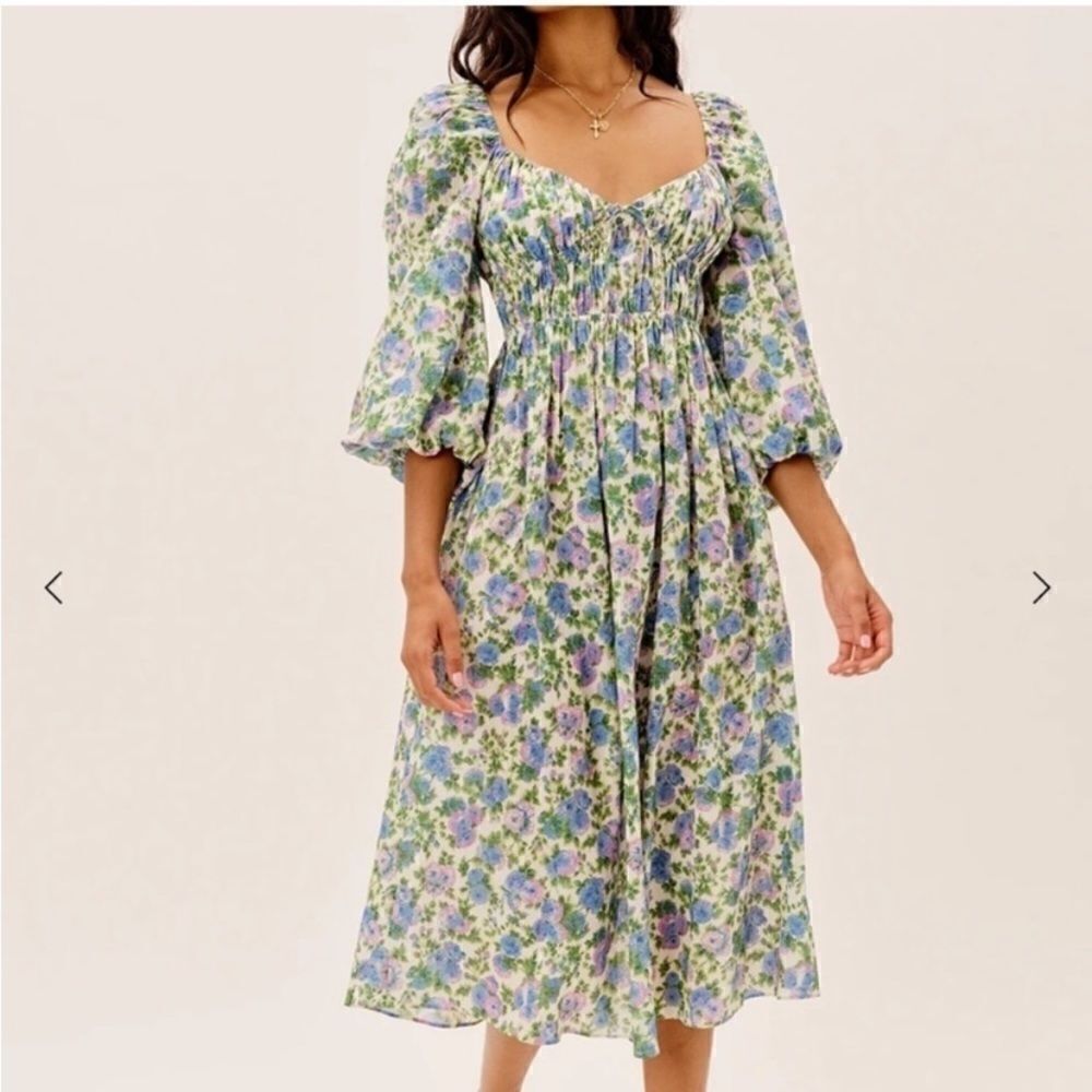 For Love & Lemons Bridget Midi White Green Dress Floral Puff Size S - Picture 9 of 13